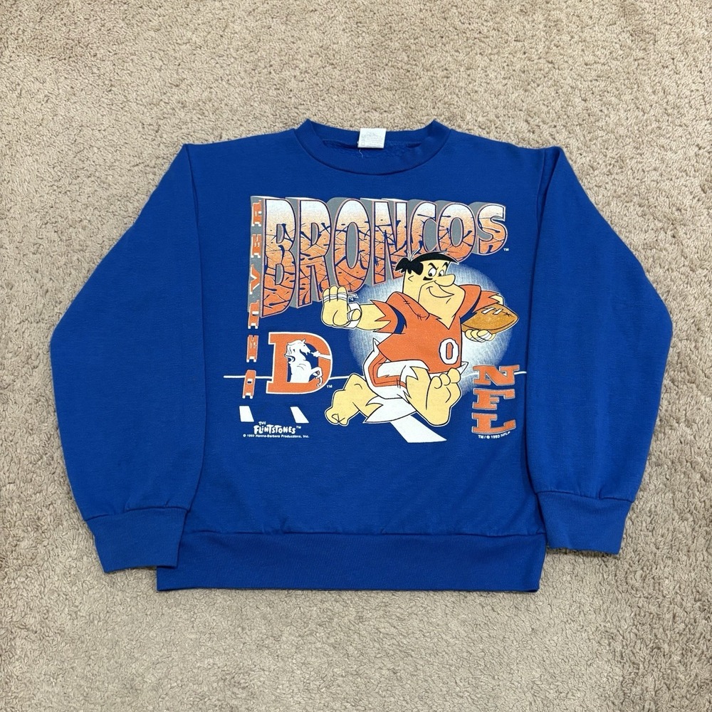 Vintage 1993 Denver Broncos Flintstones Kids Sweatshirt Blue Youth Medium NFL